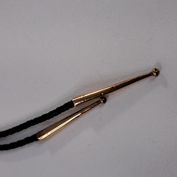 Vintage Buffalo Head Inlay Exotic Wood Brass Bolo With Turquoise Eyes - Picture 10 of 12